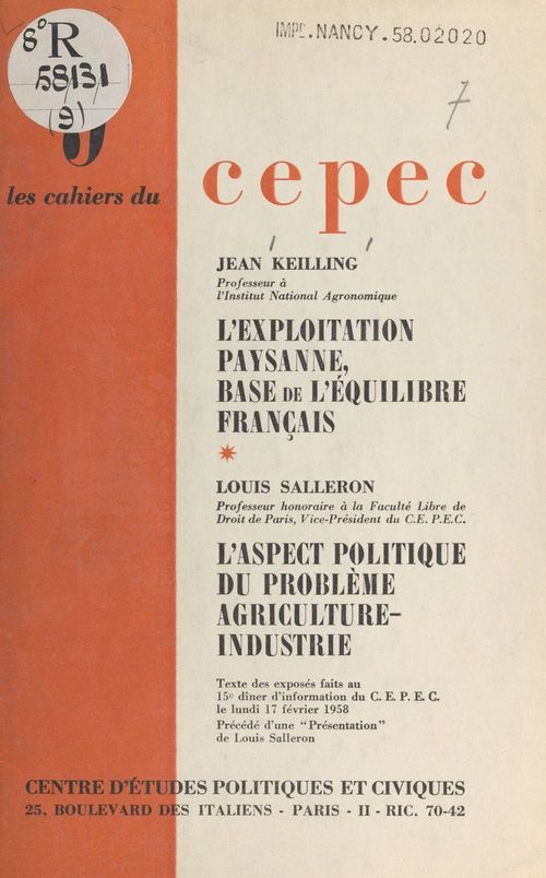 ebook cover of L'exploitation paysanne, base de l'équilibre français, by Jean Keilling, Louis Salleron