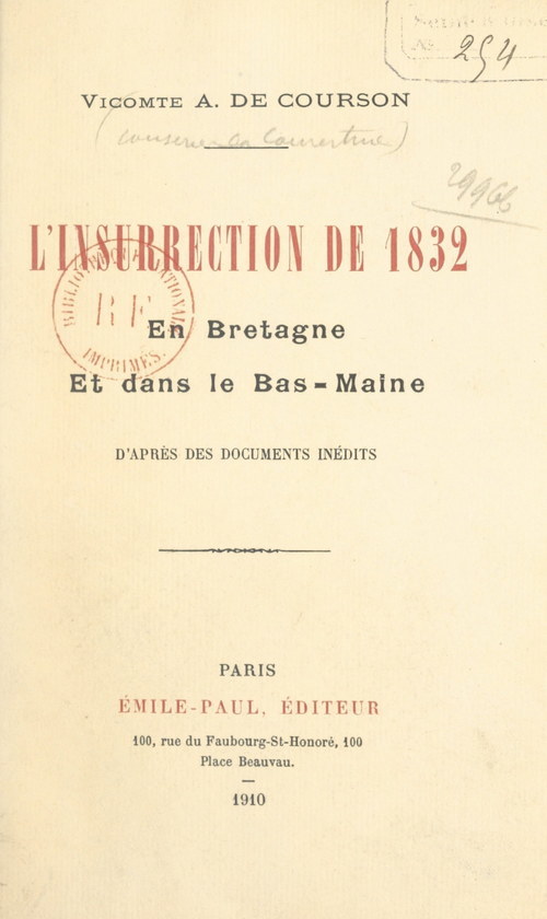 Couverture ebook de L'insurrection de 1832 en Bretagne et dans le Bas-Maine, de Aurelien De Courson