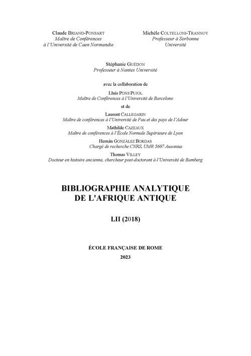 ebook cover of Bibliographie analytique de l´Afrique antique LII (2018), by Claude Briand-Ponsart, Michèle Coltelloni-Trannoy, Stéphanie Guédon, Lluís Pons Pujol, Laurent Callegarin, Mathilde Caze