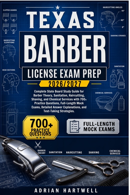 Couverture ebook de TEXAS BARBER LICENSE EXAM PREP 2026/2027, de Adrian Hartwell