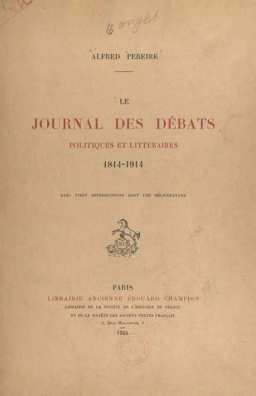 Couverture ebook de Le journal des débats politiques et littéraires, 1814-1914, de Alfred Pereire