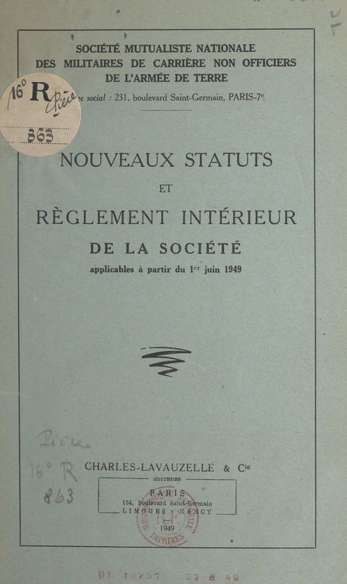 Couverture ebook de Nouveaux statuts et règlement intérieur de la Société applicables à partir du 1er juin 1949, de Societe Mutualiste Nationale Des Militai