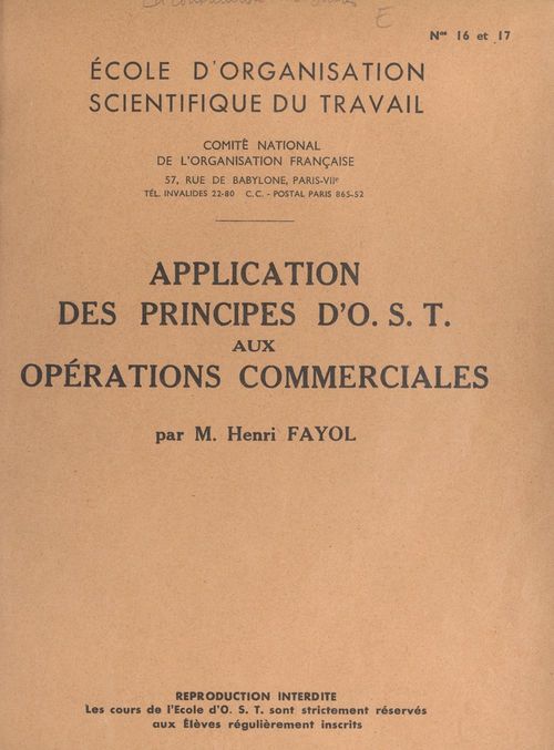 Couverture ebook de Application des principes d'O.S.T. aux opérations commerciales, de Henri Fayol