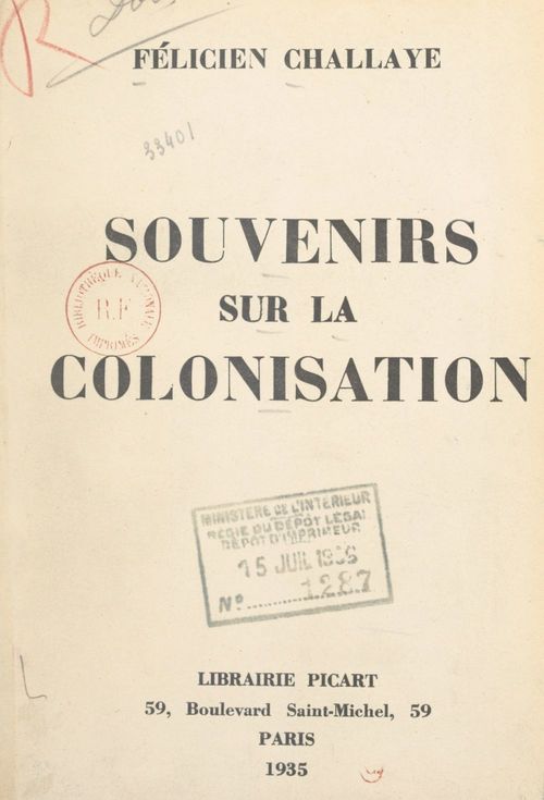 Couverture ebook de Souvenirs sur la colonisation, de Felicien Challaye