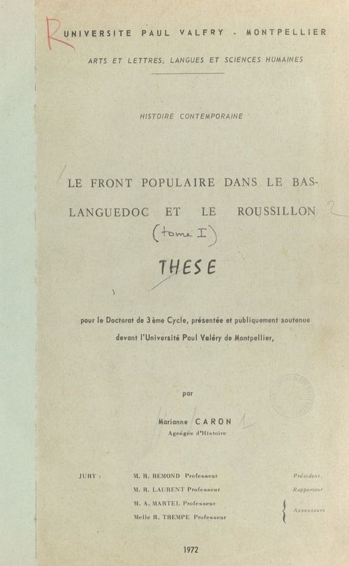 Couverture ebook de Le Front Populaire dans le Bas-Languedoc et le Roussillon (1), de Marianne Caron