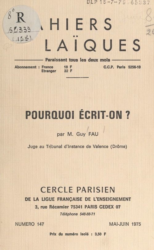 Couverture ebook de Pourquoi écrit-on ?, de Guy Fau
