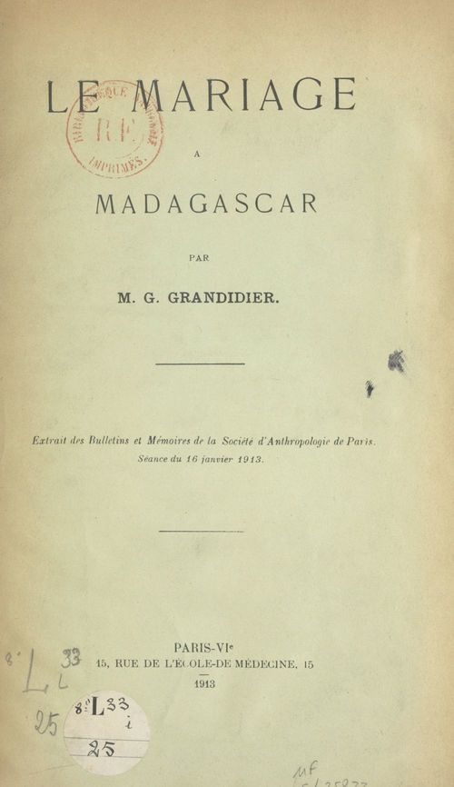 Couverture ebook de Le mariage à Madagascar, de Guillaume Grandidier