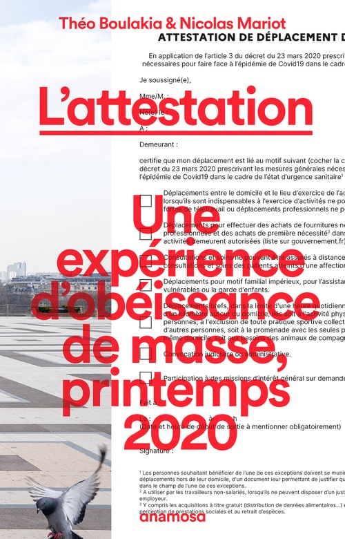 Couverture ebook de L'attestation - Une expérience d'obéissance de masse, printemps 2020, de Théo Boulakia, Nicolas Mariot