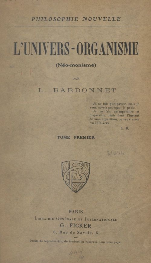 Couverture ebook de L'univers-organisme (néo-monisme) (1). La Partie et le Tout, de L. Bardonnet