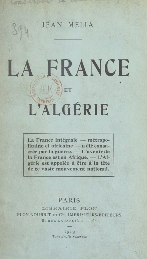 ebook cover of La France et l'Algérie, by Jean Melia