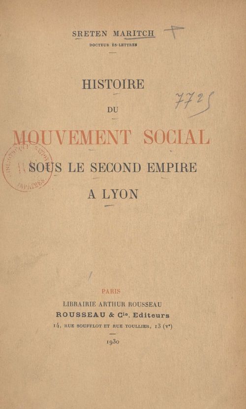 Couverture ebook de Histoire du mouvement social sous le Second Empire à Lyon, de Sreten Maritch