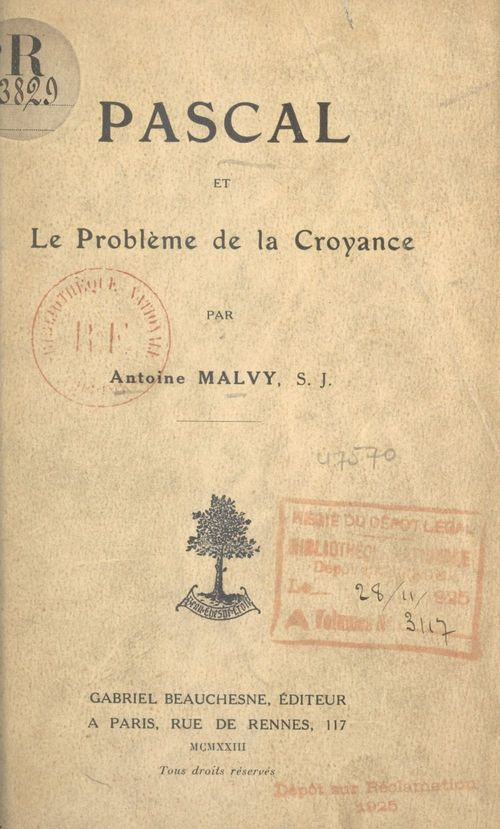 Couverture ebook de Pascal et le problème de la croyance, de Antoine Malvy