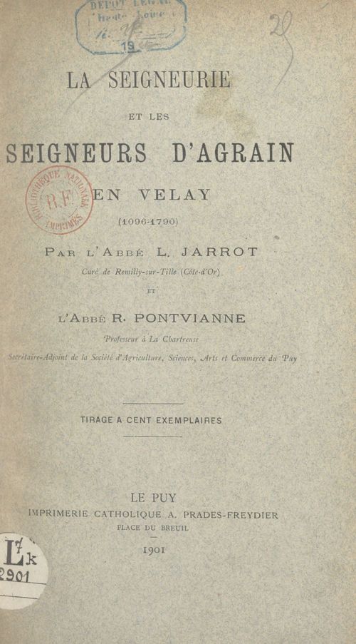 ebook cover of La seigneurie et les seigneurs d'Agrain en Velay (1096-1790), by Louis Jarrot, Regis Pontvianne