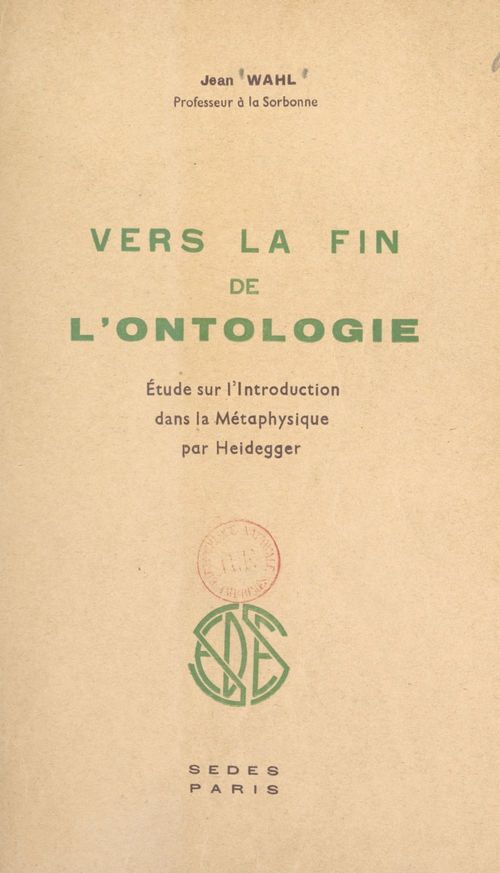 Couverture ebook de Vers la fin de l'ontologie, de Jean Wahl
