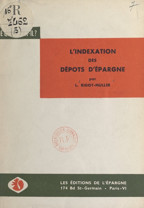 ebook cover of L'indexation des dépôts d'épargne, by Leon Rigot-Muller