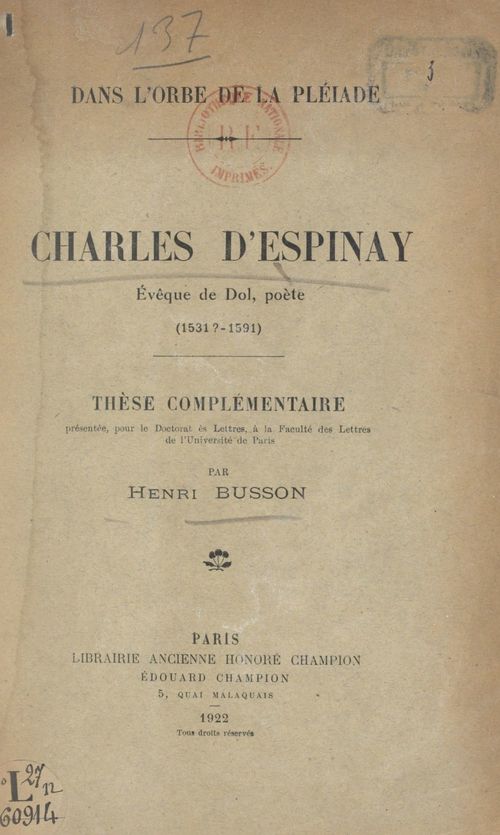 ebook cover of Dans l'orbe de La Pléiade. Charles d'Espinay, évêque de Dol, poète (1531 ?-1591), by Henri Busson