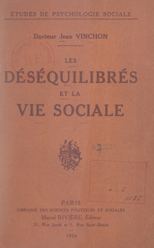 ebook cover of Les déséquilibrés et la vie sociale, by Jean Vinchon