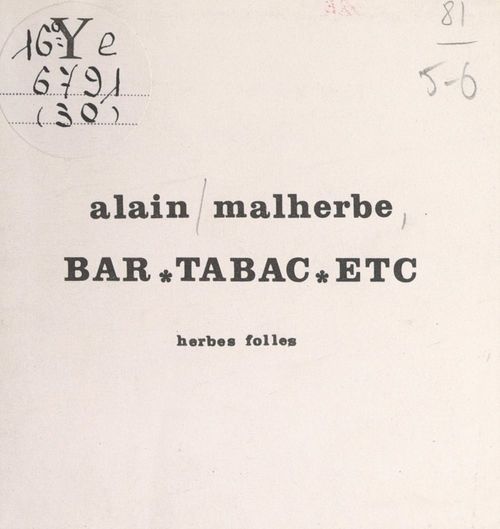 Couverture ebook de Bar, tabac, etc, de Alain Malherbe