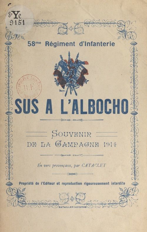 Couverture ebook de 58e Régiment d'infanterie : sus à l'Albocho, souvenir de la campagne 1914, de Cataclet