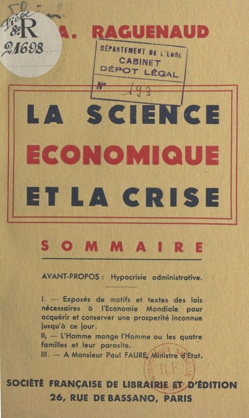 Couverture ebook de La science économique et la crise, de A. Raguenaud