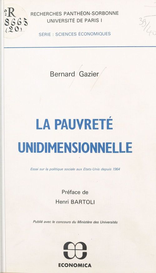 Couverture ebook de La pauvreté unidimensionnelle, de Bernard Gazier