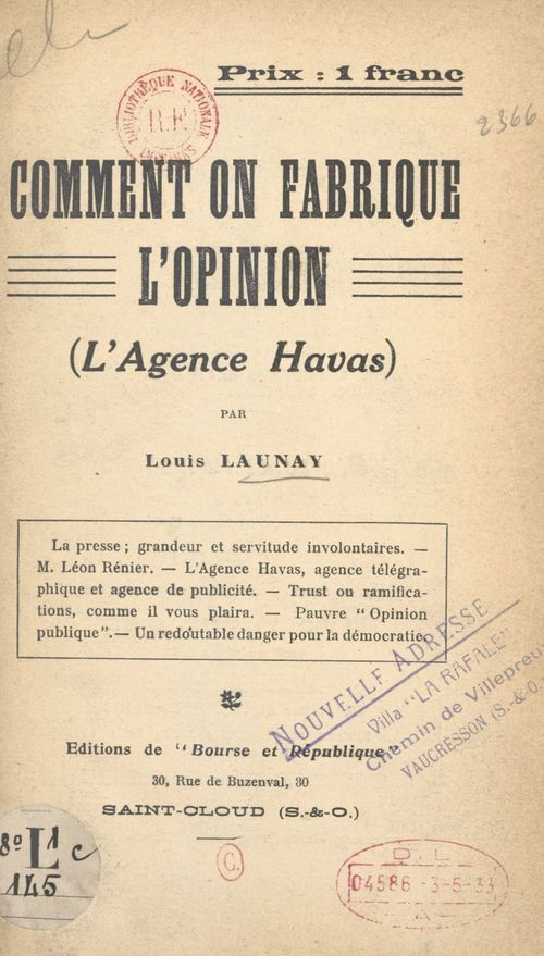 Couverture ebook de Comment on fabrique l'opinion (l'agence Havas), de Louis Launay