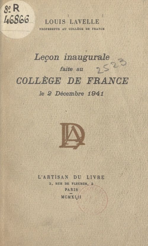 Couverture ebook de Leçon inaugurale faite au Collège de France, le 2 décembre 1941, de Louis Lavelle