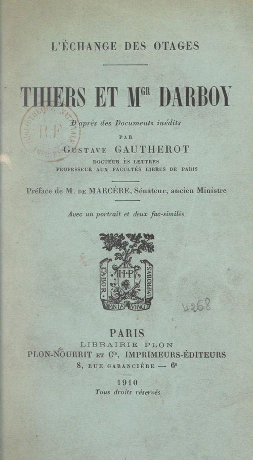 Couverture ebook de L'échange des otages, Thiers et Mgr Darboy, de Gustave Gautherot