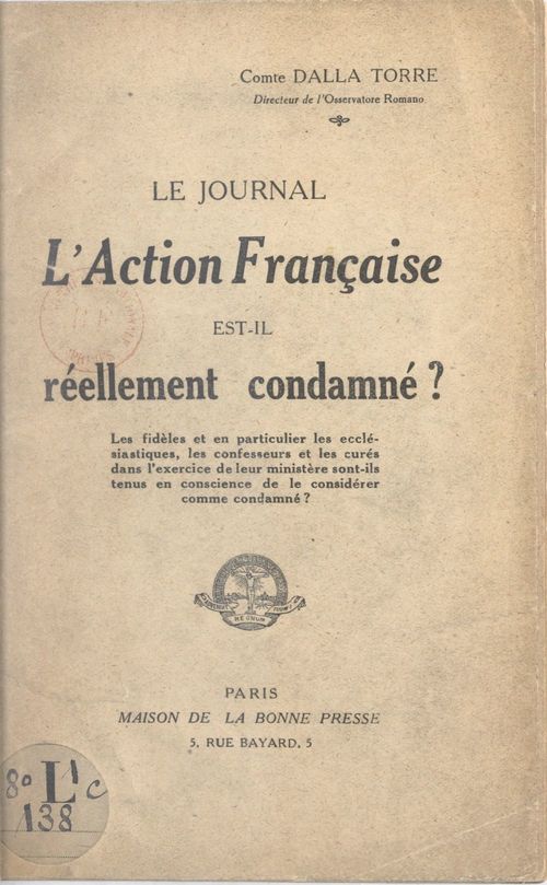 Couverture ebook de Le journal l'Action française est-il réellement condamné ?, de Giuseppe Dalla Torre