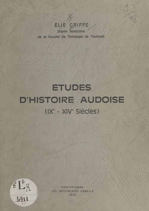 Couverture ebook de Études d'histoire audoise, de Elie Griffe