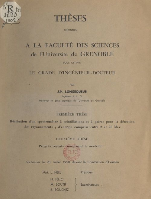 Couverture ebook de Réalisation d'un spectromètre à scintillations et à paires pour la détection des rayonnements d'énergie comprise entre 2 et 20 Mev, de Jean-Pierre Longequeue
