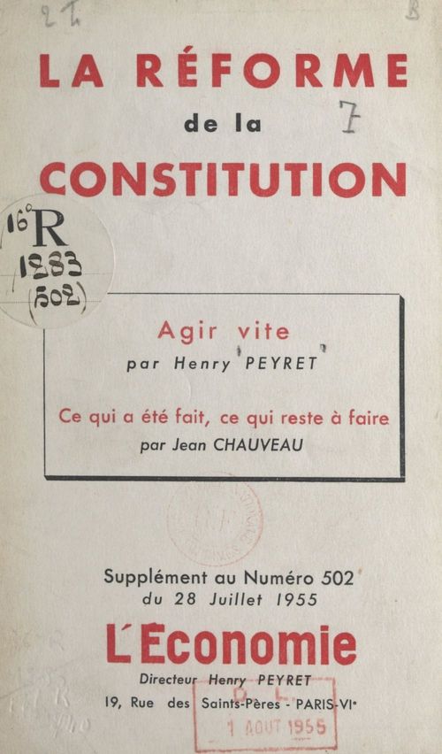 Couverture ebook de La réforme de la Constitution, de Henry Peyret, Jean Chauveau