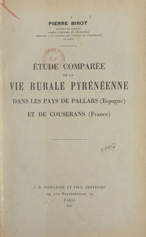 ebook cover of Étude comparée de la vie rurale pyrénéenne dans les pays de Pallars (Espagne) et de Couserans (France), by Pierre Birot