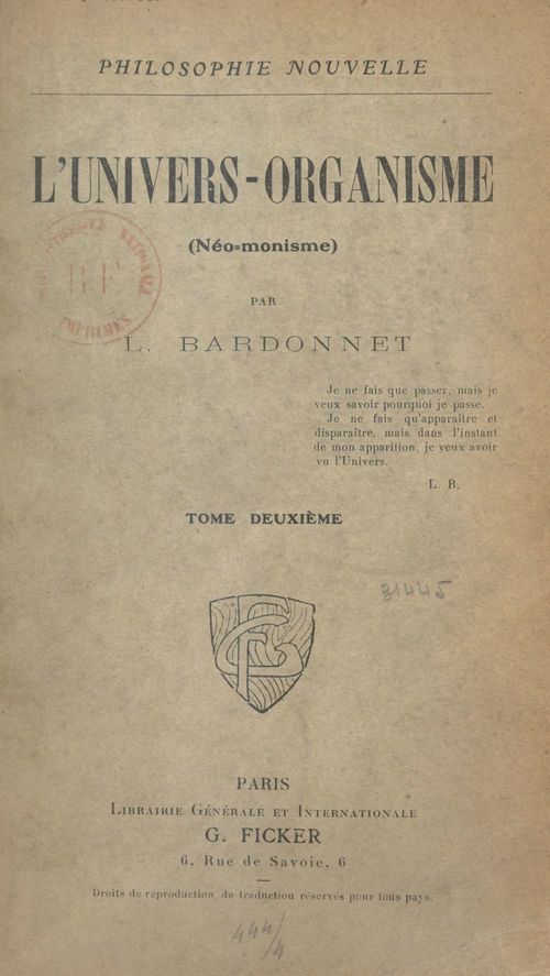 Couverture ebook de L'univers-organisme (néomonisme) (2). La matière, la force et l'esprit, de L. Bardonnet