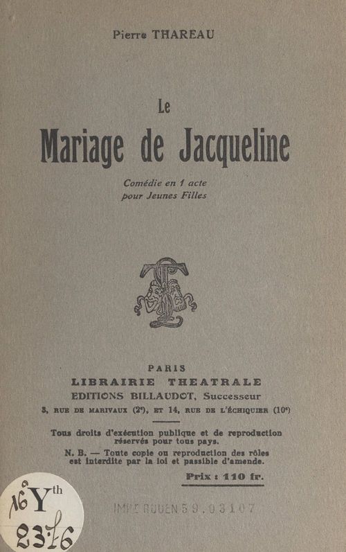 ebook cover of Le mariage de Jacqueline, by Pierre Thareau