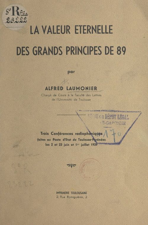Couverture ebook de La valeur éternelle des grands principes de 89, de Alfred Laumonier