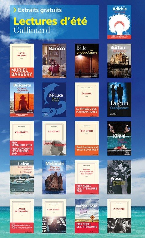 ebook cover of Extraits gratuits - Lectures d'été Gallimard 2015, by Franc, Chimamanda Ngozi Adichie, Muriel Barbery, Alessandro Baricco, Antoine Bello, Jessie Burton, Milena Busquets