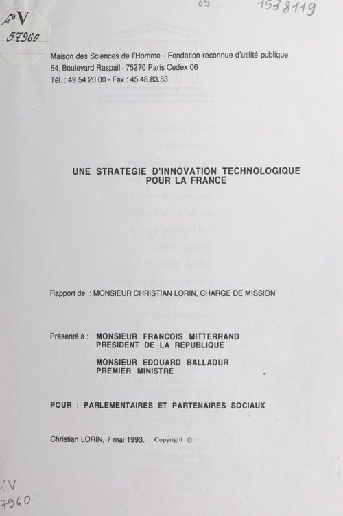 Couverture ebook de Une stratégie d'innovation technologique pour la France, de Christian Lorin