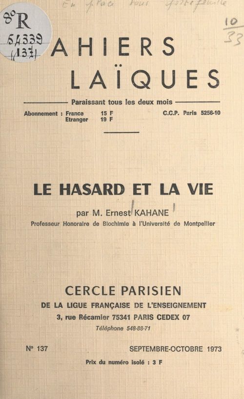 ebook cover of Le hasard et la vie, by Ernest Kahane