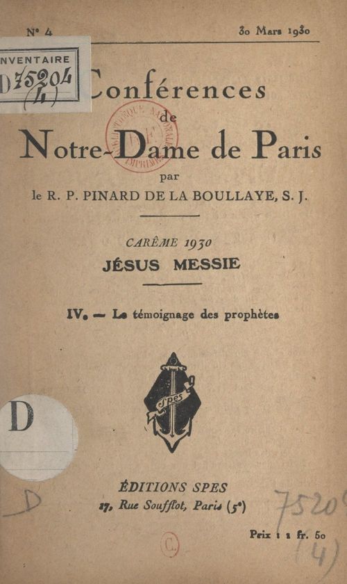 Couverture ebook de Carême 1930, Jésus Messie (4). Le témoignage des prophètes, de Henry Pinard De La Boullaye