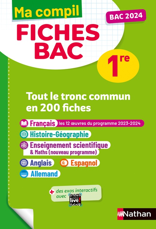 Couverture ebook de Toutes les matières du tronc commun Première - Ma Compil fiches BAC - Bac 2024 - Français, Histoire-Géographie, Enseignement scientifique, Anglais, Espagnol, Allemand 1re - EPUB, de Anne Cassou-Noguès, Frédéric Fouletier