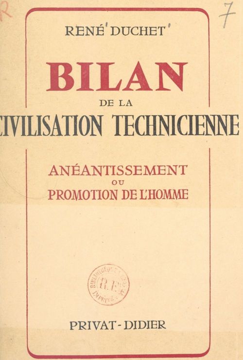 Couverture ebook de Bilan de la civilisation technicienne, de Rene Duchet