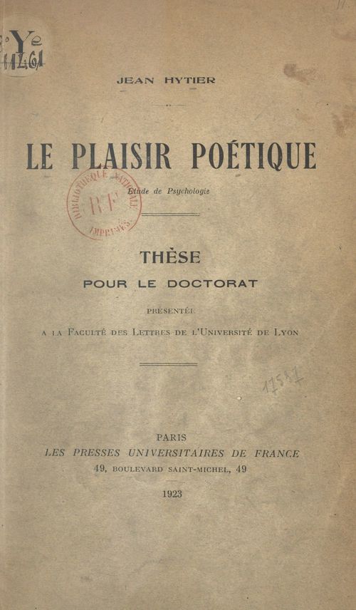 ebook cover of Le plaisir poétique, by Jean Hytier