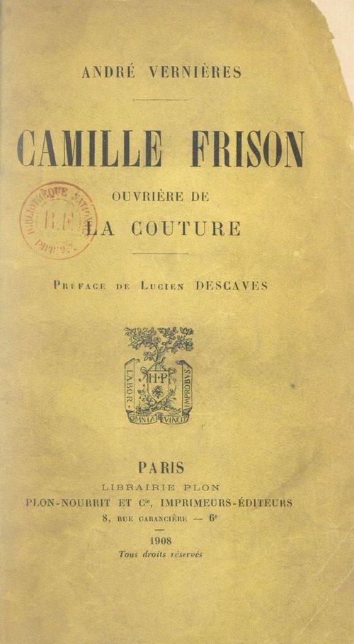 Couverture ebook de Camille Frison, de Andre Vernieres