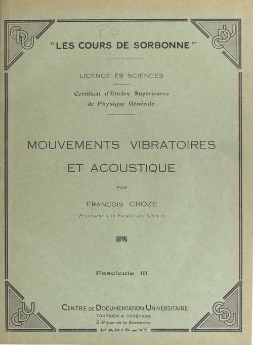 ebook cover of Mouvements vibratoires et acoustique (3), by Francois Croze