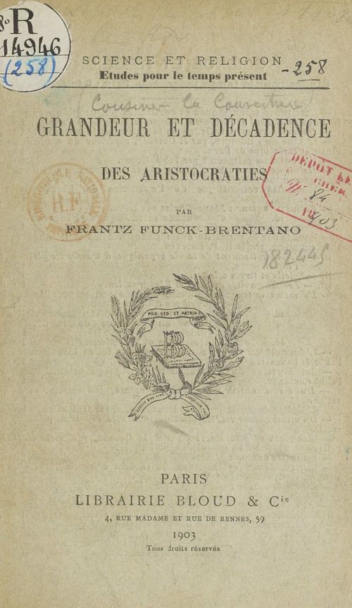 ebook cover of Grandeur et décadence des aristocraties, by Frantz Funck-Brentano