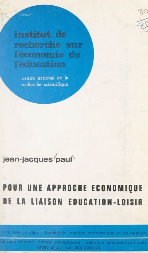 ebook cover of Pour une approche économique de la liaison éducation-loisir, by Jean-Jacques Paul