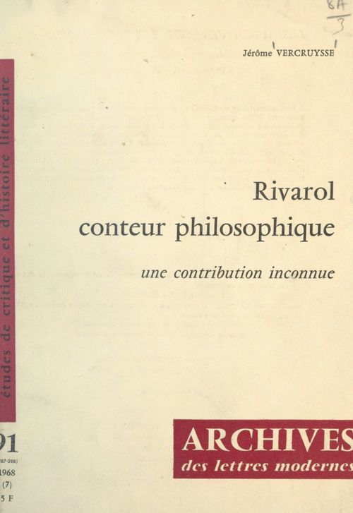 Couverture ebook de Rivarol, conteur philosophique, de Jerome Vercruysse