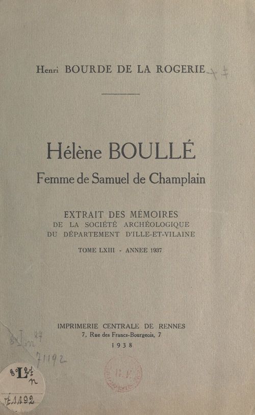 Couverture ebook de Hélène Boullé, femme de Samuel de Champlain, de Henri Bourde De La Rogerie