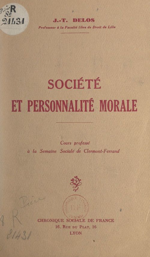 ebook cover of Société et personnalité morale, by Joseph Thomas Delos